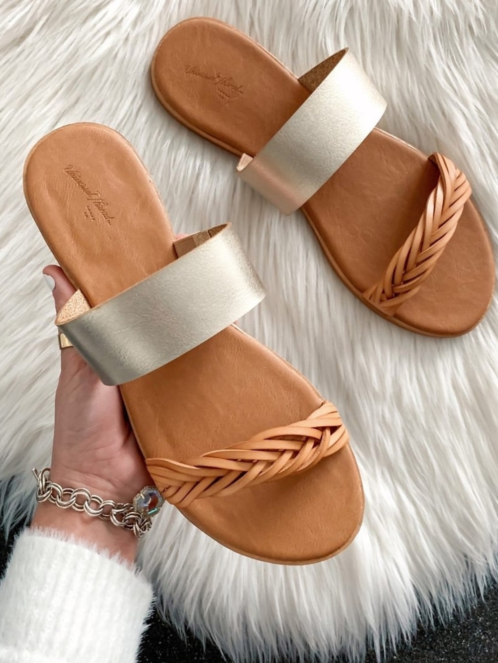 Universal Thread Tan Braided Toe & Metallic Slide Sandals